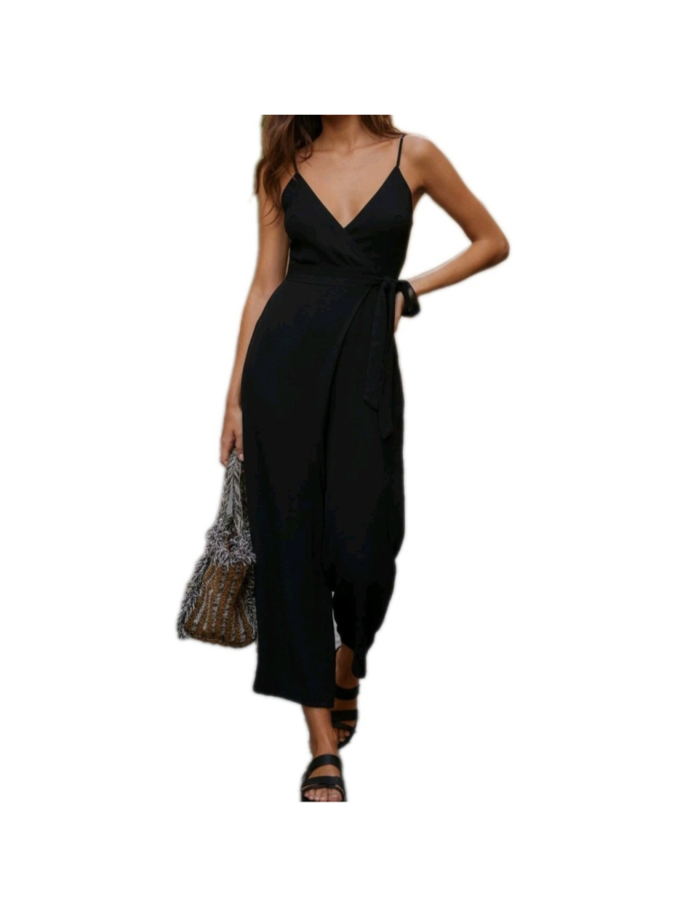 L*space Women's Black Vneck Wide-Leg Wrap Side-Tie Sleeveless Jumpsuit Size SP